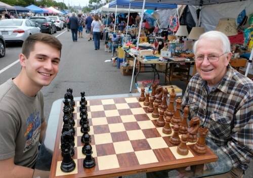 Giant teak chess set photo