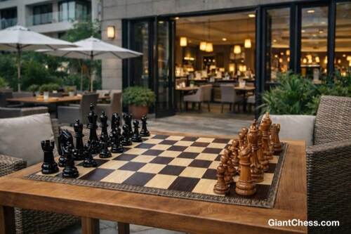 Giant teak chess set photo