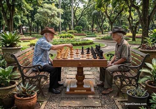 Giant teak chess set photo